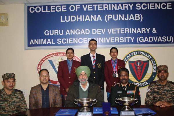 Dean COVS, Ludhiana, Dr. S.S. Randhawa, with the cadets Lovepreet Kaur, Krish Tuteja, and Samreet Kaur, along with Col. A.S. Rao, instructors, and the Associate NCC officer 